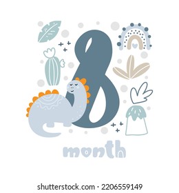 8 eight months Baby boy anniversary card metrics. Baby shower print with cute animal dino, flowers and palm capturing all special moments. Baby milestone card for newborn.