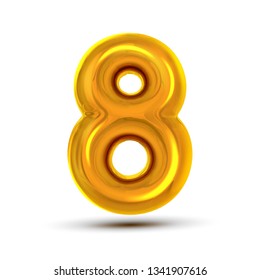 8 Eight Number Vector. Golden Yellow Metal Letter Figure. Digit 8. Numeric Character. Alphabet Typography Design Element. Party Foil Symbol. Numeral Bright Metallic 3D Realistic Illustration
