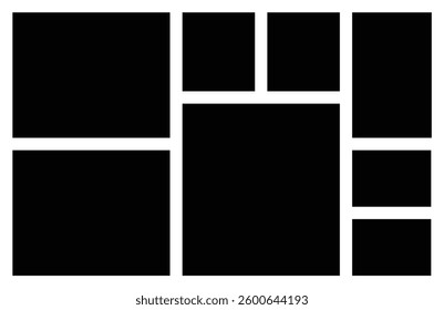 8 Empty Grid Collage Photo Frame Template. Square and Rectangle Background Shape. Mosaic and Texture Pattern Mood board for Portfolio and Wall Gallery Presentation.