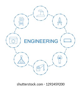 8 engineering icons. Trendy engineering icons white background. Included line icons such as factory, cargo crane, compass, level equipment. engineering icon for web and mobile.