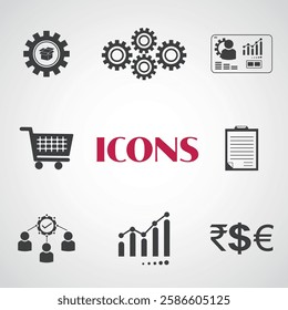 8 ERP web icon set vector illustration concept for enterprise resource planning with icon of inventory, financials, hrm, production, service, purchasing, and mrp