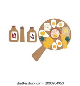 The 8 Essential Methods for Cooking Eggs on a wooden board. Illustration of Egg Cooked in various Methods - Omelet, Poached, Fried, Baked, Soft Boiled, Hard Boiled, Scrambled Egg and over easy