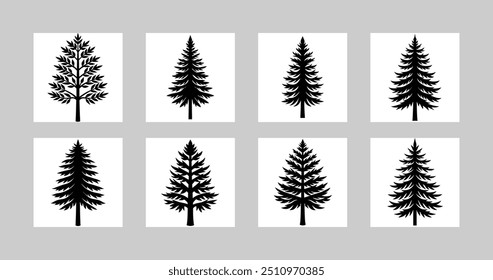 8 Ilustração da árvore de pinho Evergreen: cor, arte de linha e vetor de silhueta