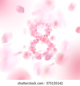 '8' with falling flower petals blossom. Romantic vector illustration.