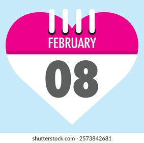 8 February calendar icon heart shape on light sky blue color background, calendar vector symbol for the month of February.