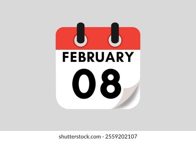 8 February calendar icon text page monthly web design on red, white, black and ash background vector, icon, or illustration with the month of February 8