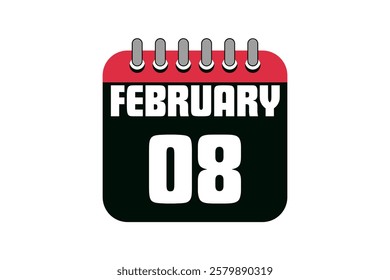 8 February calendar icon text page monthly web design on red, black and white background vector, icon, or illustration with the month of February 8