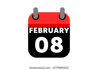 8 February calendar icon text page monthly web design on red, black and white background vector, icon, or illustration with the month of February 8