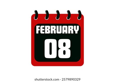 8 February calendar icon text page monthly web design on red, black and white background vector, icon, or illustration with the month of February 8