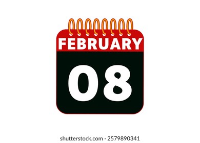 8 February calendar icon text page monthly web design on red, black and white background vector, icon, or illustration with the month of February 8