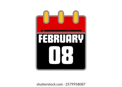 8 February calendar icon text page monthly web design on red, black, yellow and white background vector, icon, or illustration with the month of February 8