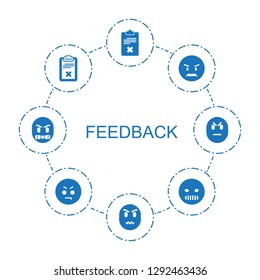 8 feedback icons. Trendy feedback icons white background. Included filled icons such as clipboard, angry emot. feedback icon for web and mobile.