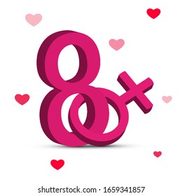 8 and female sign with bokeh hearts, vector art illustration.