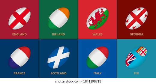 8 Banderas en el estilo de una bola de rugby. Bandera de los participantes en la competencia de rugby sobre fondo de color.