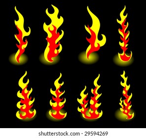 8 flames of fire on a black background