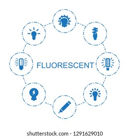 8 fluorescent icons. Trendy fluorescent icons white background. Included filled icons such as bulb, highlighter, fluorescent lamp, light bulb. icon for web and mobile.