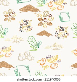 8 foods for vegetarians and vegans doodle seamless pattern vector illustration
