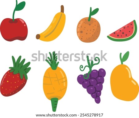 8 Fruits Digital Vector Illustration, Cute Fruits