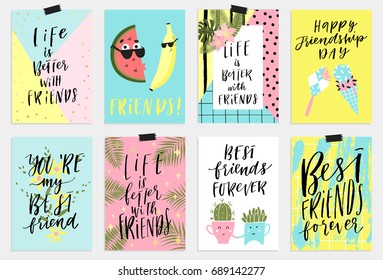 8 Fun Happy Friendship Day Holiday Cards or Poster Design with wishing and greetings in Vector. Summer Fruit Funny