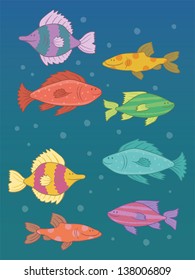 8 funny colorful fishes in the water. Vector illustration.