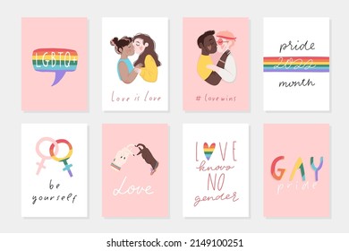 8 Gay pride cards and posters set. Homosexual girls and boys. Female and male sign, sumbols. rainbow colors flag. LGBTQ lettering, text and quotes. Vector illustrations