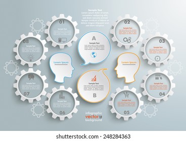8 gears with 2 heads and speech bubbles wheels on the gray background. Eps 10 vector file.
