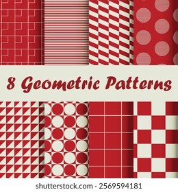 8 Geometric patterns for textiles, background, comic, wallpapers, and gift wraps, red ,dot, line