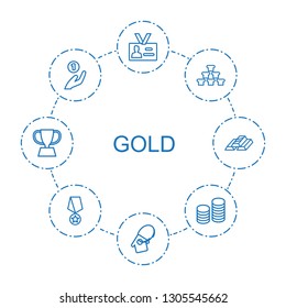 8 gold icons. Trendy gold icons white background. Included outline icons such as badge, home key tag, coin on hand, coin, medal with star, trophy. gold icon for web and mobile.