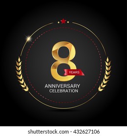 8 golden anniversary logo with red ribbon, low poly design number