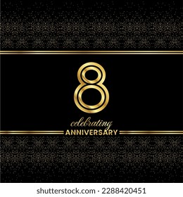 8 Golden Double Line Number. 8 Anniversary invitation cover with glitter separated by golden double lines on a black background