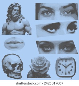 8 halftone elements with woman eyes, lips, greek statue, alarm clock, skill and rose