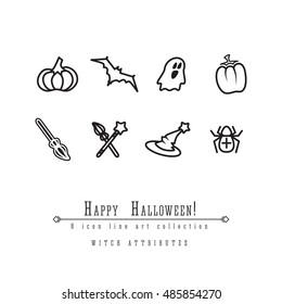 8 Halloween accessories and symbols vector line art icon set: pumpkin, magic wand and broom, ghost and bat, witch hat and cauldron. Simple art for Happy Halloween web design.