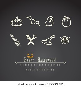 8 Halloween accessories and symbols vector line art icon set: pumpkin, magic wand and broom, ghost and bat, witch hat and cauldron. Simple art for Happy Halloween web design in white color.