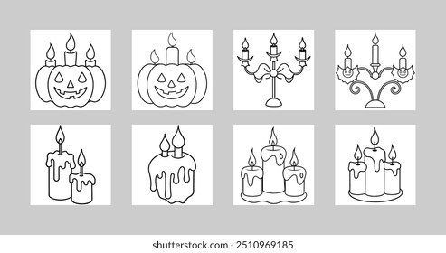 8 Ícones de vetor de vela de Halloween: conjunto de elementos gráficos assustadores