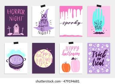 8 Halloween Cards set in quirky cartoon doodle style. Bright colors. Hand drawn lettering. Collection in cartoon comic style of 80s-90s. Vector illustration.