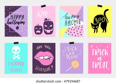 8 Halloween Cards set in quirky cartoon doodle style. Bright colors. Hand drawn lettering. Collection in cartoon comic style of 80s-90s. Vector illustration.