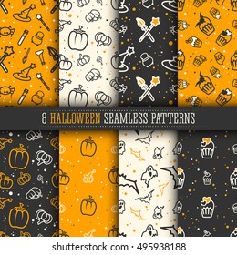 8 Halloween seamless pattern vector set. Endless pattern collection for background, scrapbook, wrapping paper, wallpapers. Black and orange, pumpkin, ghost, spider and witch attributes.