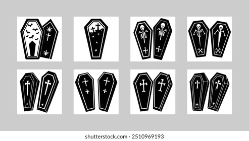 8 Halloween Vetor Coffin Set Illustration para desenhos assustadores | Arte de estilo gótico