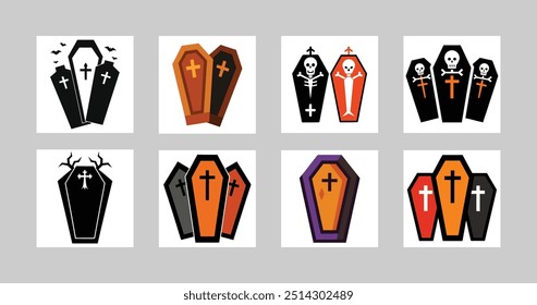 8 Halloween Vector Coffin Set Illustration for Spooky Designs | Gothic Style Art