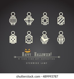 8 halloween vector line art app icons set, openwork lamps decorated with bat, spider, heart, geometric ornament in white color on black background.