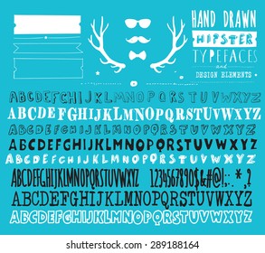 8 hand drawn hipster typeface and set of design elements