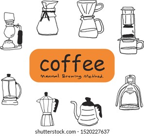 8 hand drawn manual brewing coffee methods.