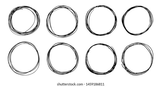 8 hand drawn scribble circles set isolated on white background doodle vector illustration.