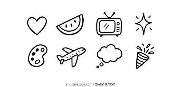 8 hand-drawn doodle icons: heart, watermelon, TV, star, palette, airplane, thought bubble, party popper