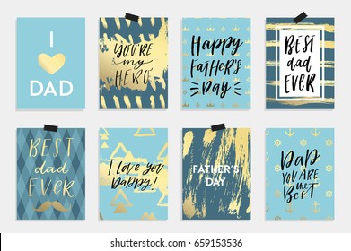 8 Feliz Día del Padre con colores azul blanco negro y dorado. Etiqueta, etiquetas, tarjeta, carteles, publicidad de venta, volante. Ilustración vectorial.