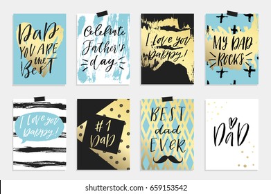 8 Happy Father's Day postcards in blue white black and gold colors. Label, tags, card, posters, sale advertising, flyer. Vector illustration.