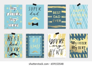 8 Happy Father's Day postcards in blue white black and gold colors. Label, tags, card, posters, sale advertising, flyer. Vector illustration.