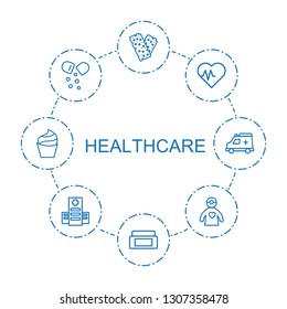 8 healthcare icons. Trendy healthcare icons white background. Included outline icons such as bandage, cream box, heartbeat, pill, doctor with medical reflector. healthcare icon for web and mobile.