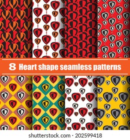 8 heart shape seamless patterns can be used for fashion textile, cloth, scrap booking and background,  pattern swatches included, Vector EPS 10. 
