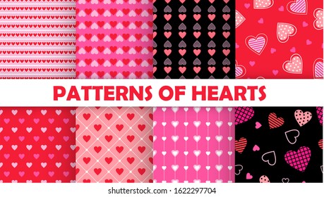 8 Heart shape vector seamless patterns.Valentines day background for invitation. 